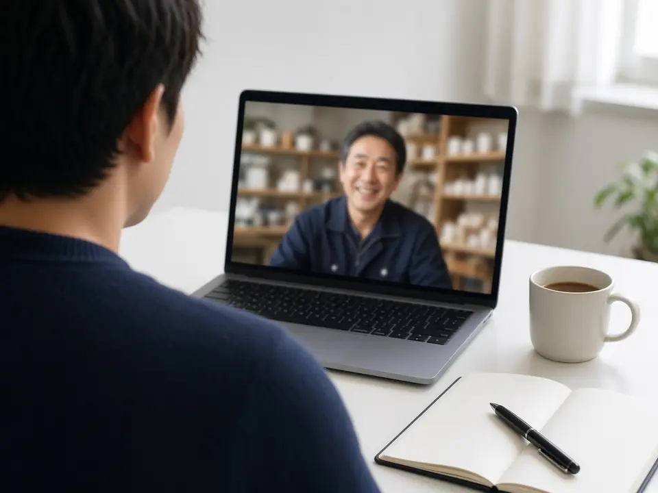 ノートパソコンのオンライン打合せで、店舗のオーナーと話している様子